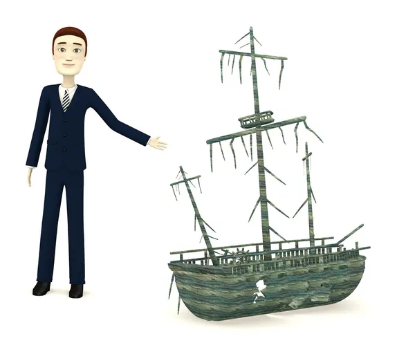 3d render of cartoon character with shipwreck — Stock Photo, Image