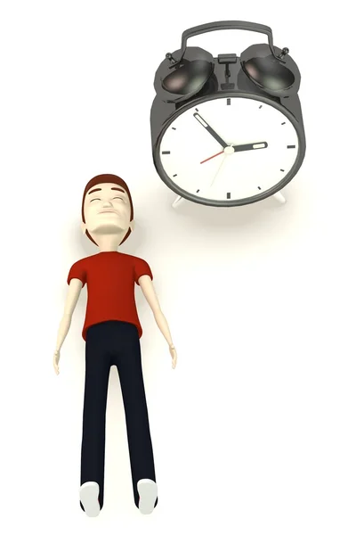3D изображение персонажа мультфильма с будильником — стоковое фото