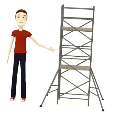 3D render iskele ile çizgi film karakteri