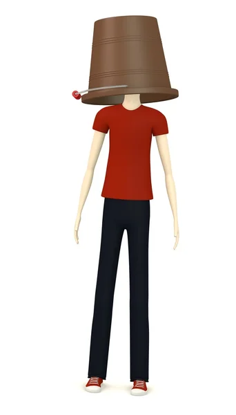 3D καθιστούν χαρακτήρα κινουμένων σχεδίων με κουβά στο κεφάλι — Φωτογραφία Αρχείου