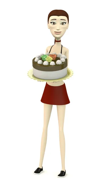 3D render van stripfiguur met cake — Stockfoto