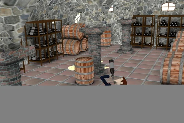 3D візуалізація персонажа мультфільму, п'яного в підвалі — стокове фото