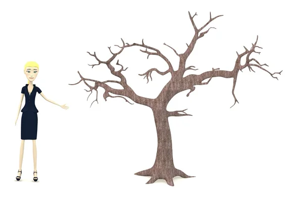 3D vykreslení kreslené postavičky s mrtvý strom — Stock fotografie