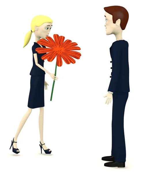 Rendering 3d del personaggio dei cartoni animati con fiore rosso — Foto Stock
