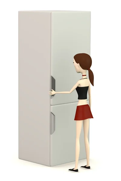 冷蔵庫付きの漫画のキャラクターの 3 d レンダリング — ストック写真