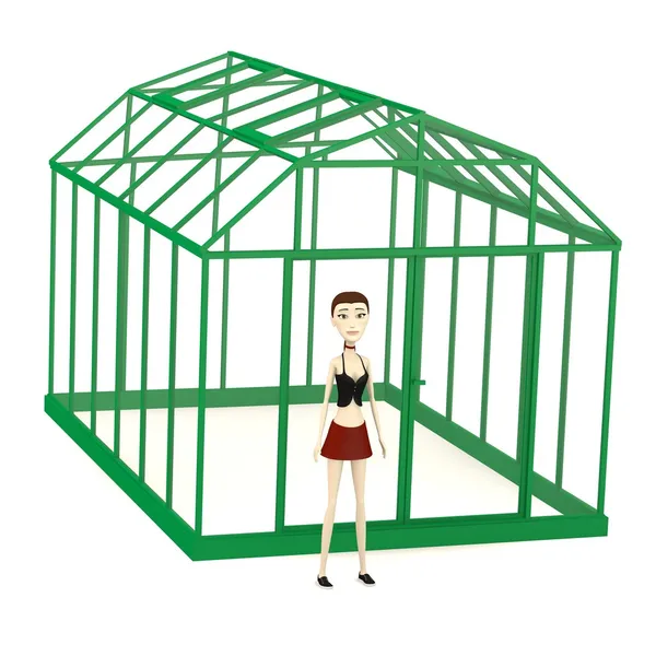 3d render of cartoon character with greenhouse — Stock Photo, Image