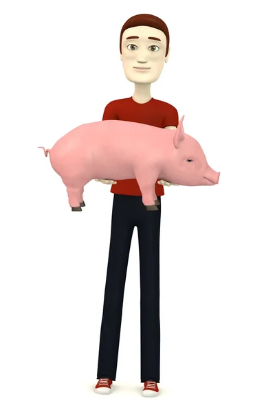 3d render of cartoon character with little pig — Stock Photo, Image