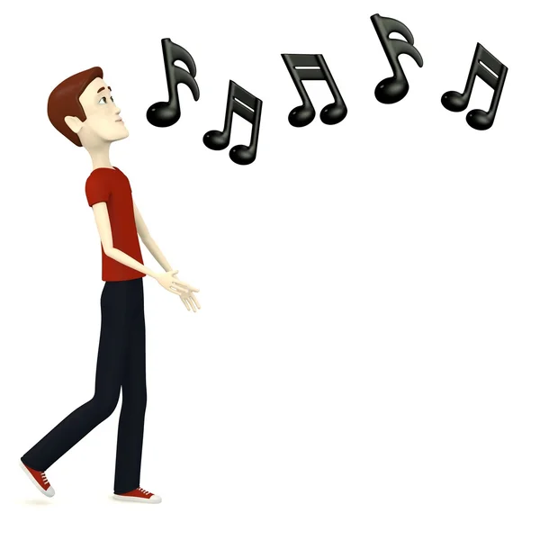 3D render müzikal sembolleri ile çizgi film karakteri — Stok fotoğraf