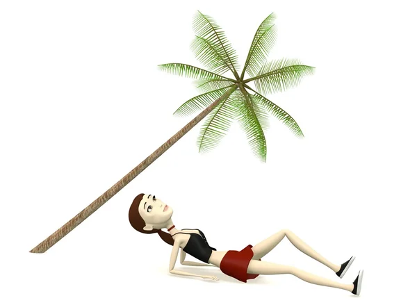 3d render of cartoon character relaxing under palm — Stock Photo, Image