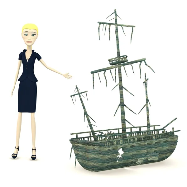 3D καθιστούν χαρακτήρα κινουμένων σχεδίων με το ναυάγιο — Φωτογραφία Αρχείου