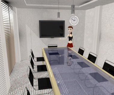 çizgi film karakteri konferans salonunda 3D render