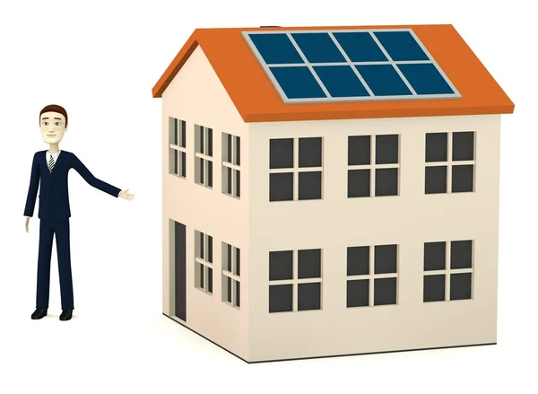 3d renderizado de personaje de dibujos animados con casa solar —  Fotos de Stock