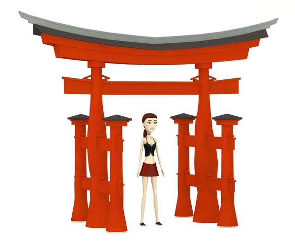 3d renderizado de personaje de dibujos animados con torii puerta — Foto de Stock