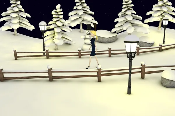 3D визуализация персонажа мультфильма в зимних декорациях — стоковое фото