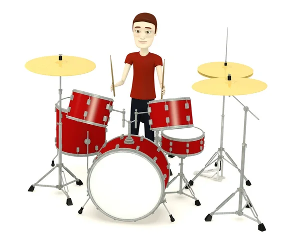 3D vykreslení kreslené postavičky s drumset — Stock fotografie