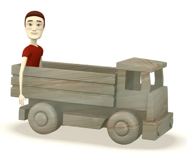3D-Darstellung der Cartoon-Figur im Holzauto — Stockfoto