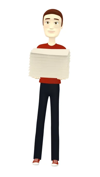3d render of cartoon character with pile of papers — Stock Photo, Image
