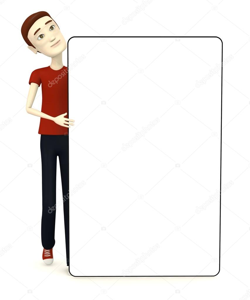 3d render of cartoon male in casual clothes with empty board