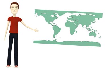 3D render earth harita ile çizgi film karakteri