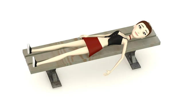 3d render of cartoon character on park bench — Stock Photo, Image