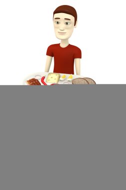 3D render ile gıda plaka üzerinde çizgi film karakteri