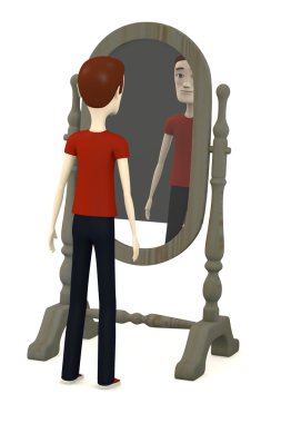 3D render ayna ile çizgi film karakteri
