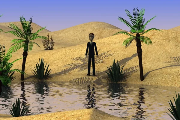 3d render of cartoon character on desert — Stock Photo, Image