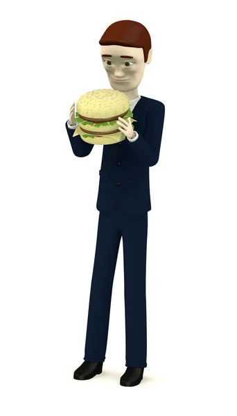 3d render of cartoon character with hamburger — Stock Photo, Image