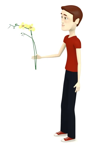 3d render of cartoon character with orchid — Stock Photo, Image