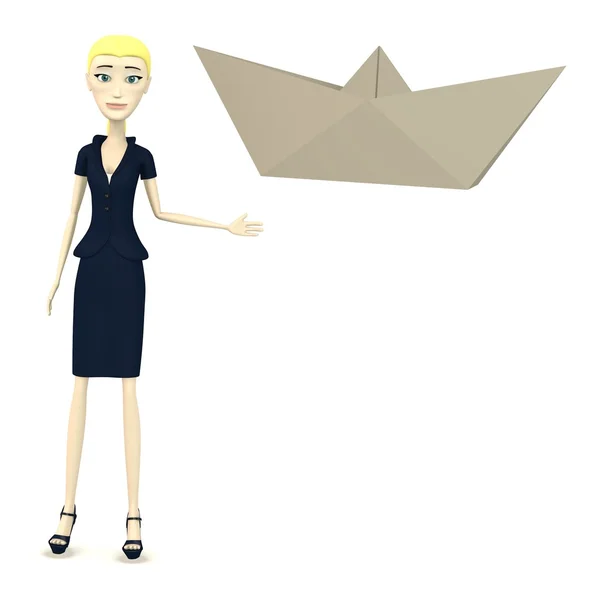 3D візуалізація мультиплікаційного персонажа з човном орігамі — стокове фото