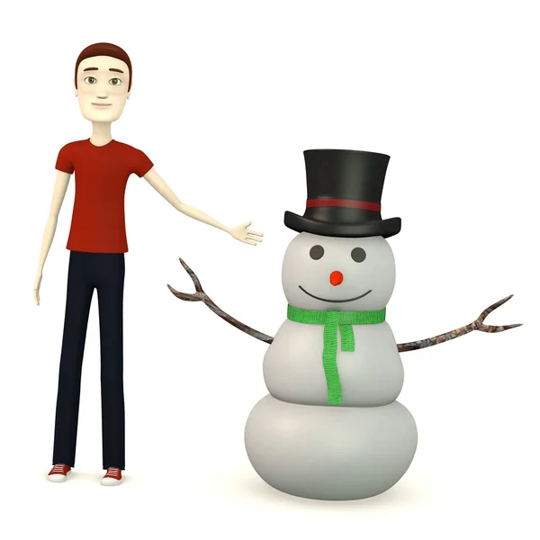 3d renderizado de personaje de dibujos animados con muñeco de nieve — Foto de Stock