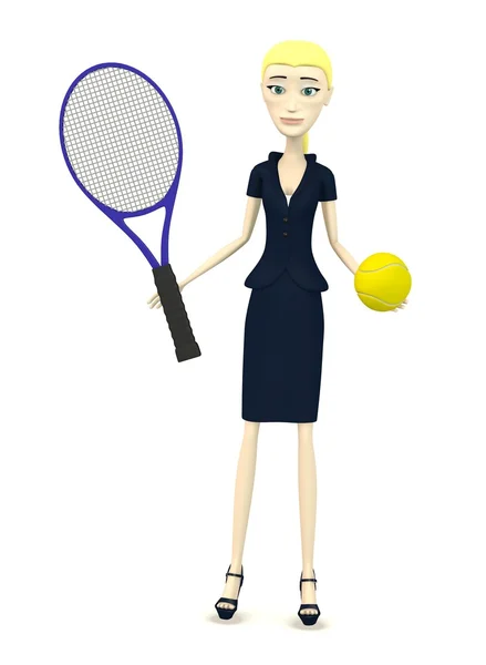 3D render van stripfiguur met tennisbal en racket — Stockfoto