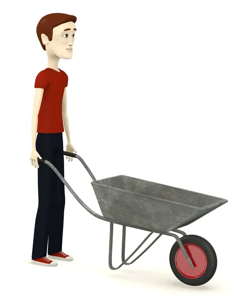 Çizgi film karakteri ile tekerlek barrow 3D render — Stok fotoğraf