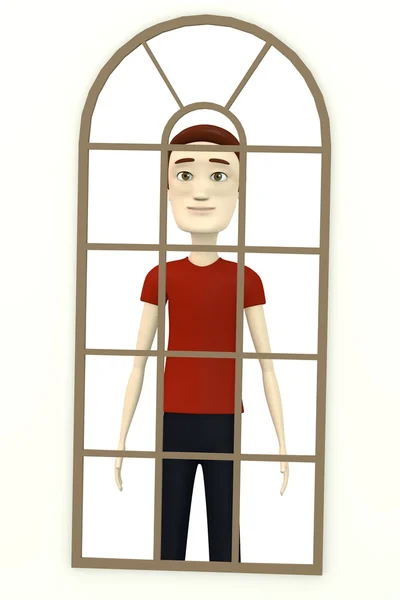 Renderização 3d de personagem de desenho animado atrás da janela — Fotografia de Stock