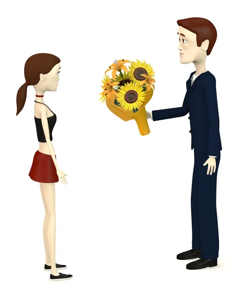 3d render of cartoon character with bouquet — Stock Photo, Image