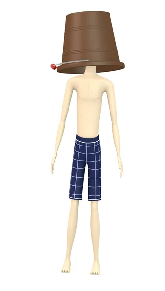 Renderização 3d de personagem de desenho animado com balde na cabeça — Fotografia de Stock