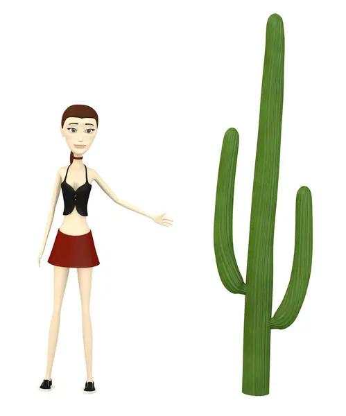 3D render van stripfiguur met cactus — Stockfoto