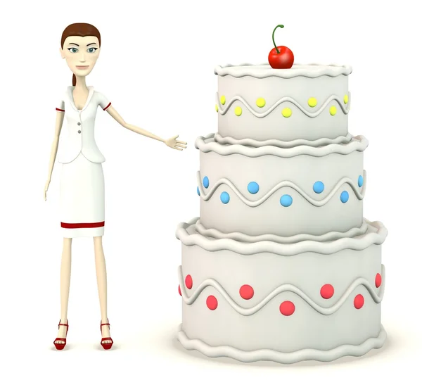 3D render van stripfiguur met cake — Stockfoto