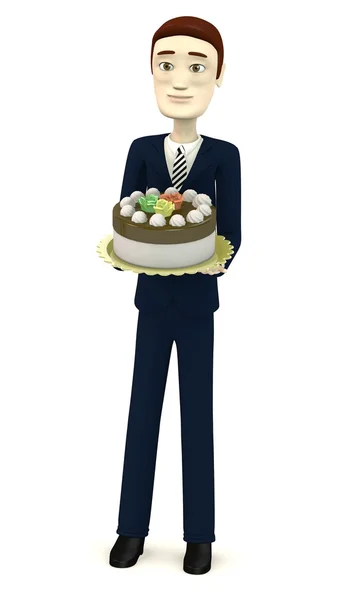 3d render of cartoon character with cake — Stock Photo, Image