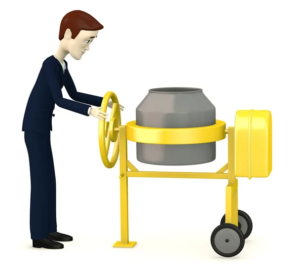 3D render van stripfiguur met cement mixer — Stockfoto