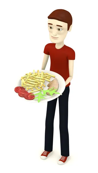3d renderizado de personaje de dibujos animados con comida en el plato — Foto de Stock