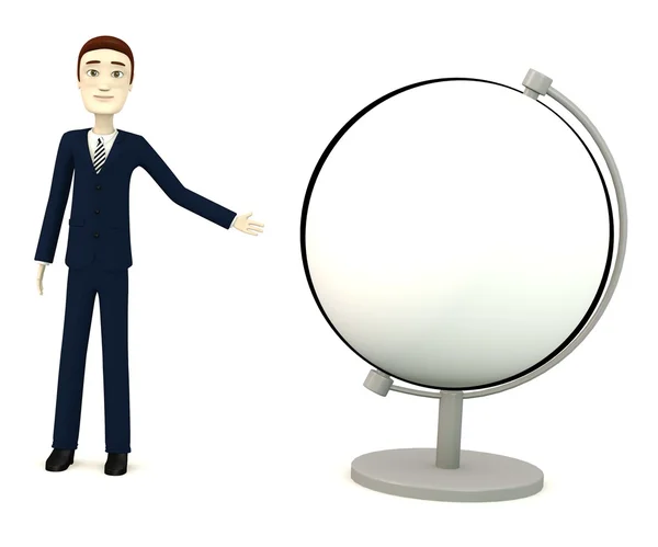 3D render van stripfiguur met globe — Stockfoto