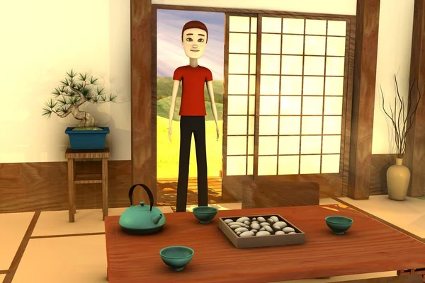 3D визуализация персонажа мультфильма в японском интерьере — стоковое фото