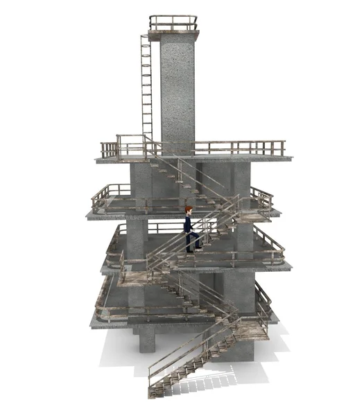 3D render van stripfiguur op industriële toren — Stockfoto