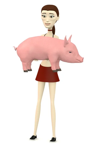 3d render of cartoon character with little pig — Stock Photo, Image