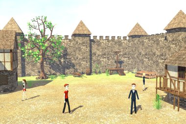 çizgi film karakterleri ortaçağ şehir 3D render
