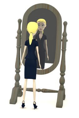 3D render ayna ile çizgi film karakteri