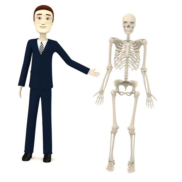 3d render of cartoon character with male skeleton — Stock Photo, Image