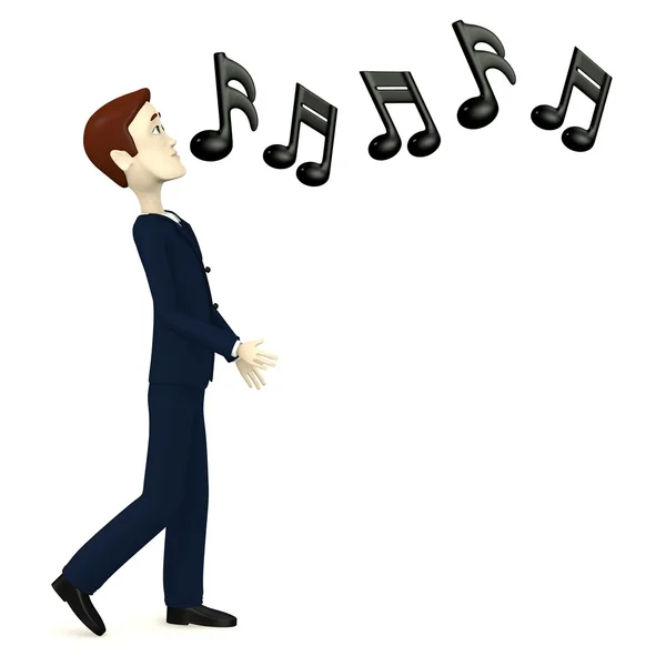 3D візуалізація мультиплікаційного персонажа з музичними символами — стокове фото
