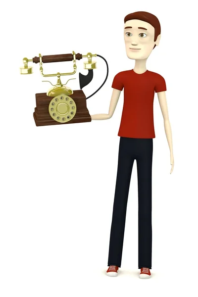 3d render of cartoon character with old telephone — Stock Photo, Image